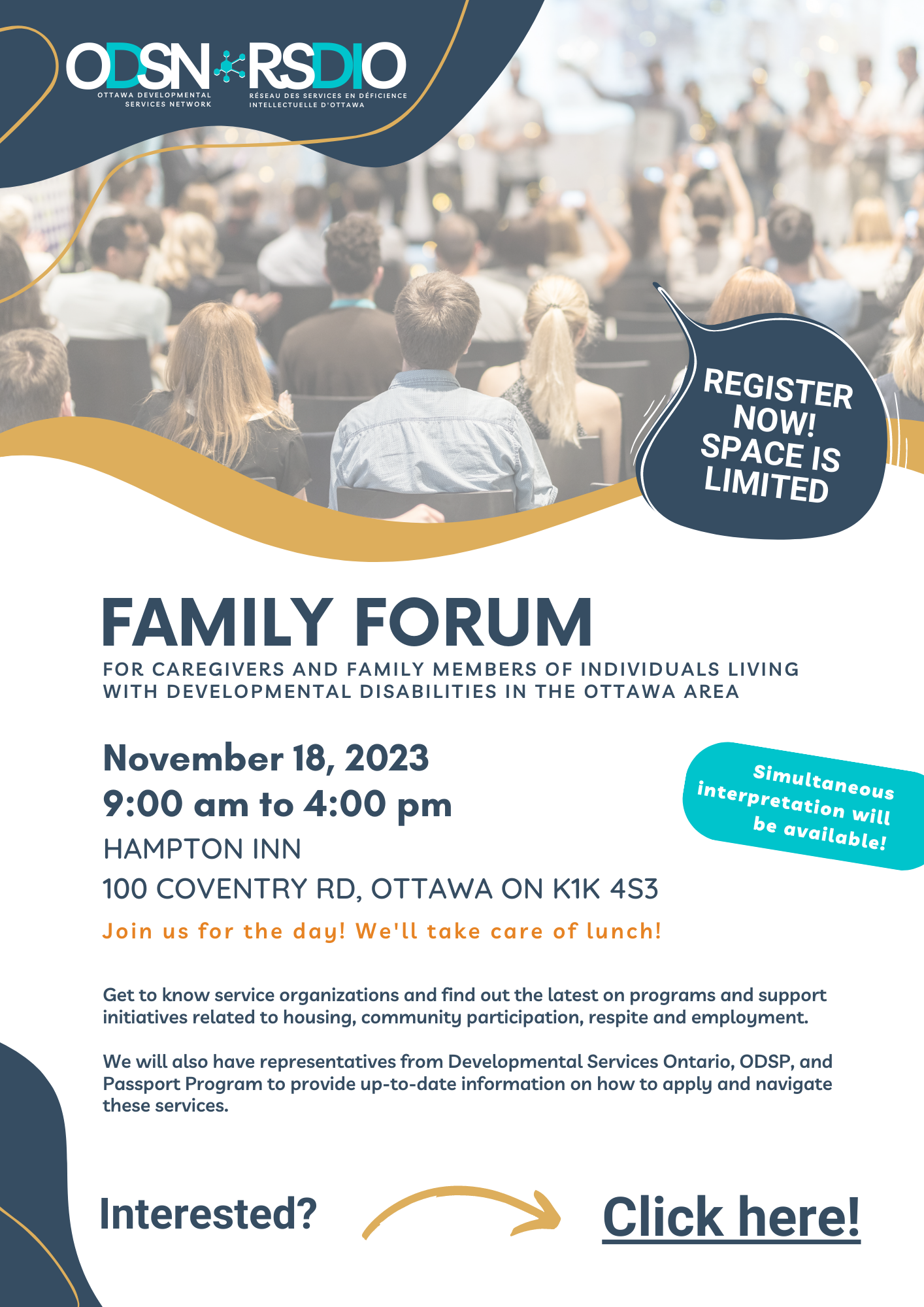 ODSN Family forum for caregivers and family members of individuals living with developmental disabilities in the Ottawa area poster